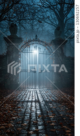 Gothic garden wrought iron gate with dead vines stone gargoyles autumn mist moonlight Gothic garden wrought iron gate with dead vines stone gargoyles autumn mist moonlight 130692257