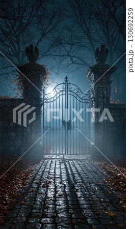 Gothic garden wrought iron gate with dead vines stone gargoyles autumn mist moonlight Gothic garden wrought iron gate with dead vines stone gargoyles autumn mist moonlight 130692259