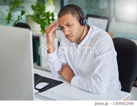 Headache, tired and call center man fatigue, stress and burnout in online, virtual service or salesman career. Confused, thinking or depressed consultant, professional advisor or telecom agent person Headache, tired and call center man fatigue, stress and burnout in online, virtual service or salesman career. Confused, thinking or depressed consultant, professional advisor or telecom agent person 130692266