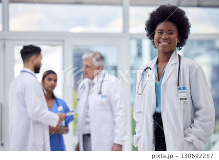 Black woman, portrait or doctor in clinic leadership, about us or medical collaboration for hospital medicine, trust or life insurance. Smile, happy or healthcare worker in diversity teamwork or help 130692287