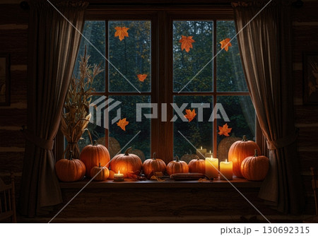 Cozy cabin window interior with pumpkins gourds dried corn and autumn leaves 130692315