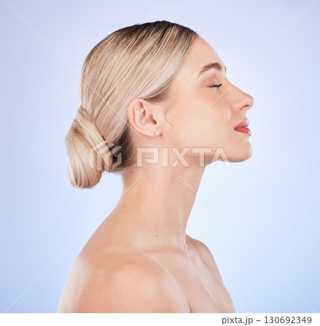 Beauty, face profile and skincare with woman, natural cosmetics with young model on studio background. Dermatology, healthy skin and glow with content female, eyes closed with mockup and facial Beauty, face profile and skincare with woman, natural cosmetics with young model on studio background. Dermatology, healthy skin and glow with content female, eyes closed with mockup and facial 130692349