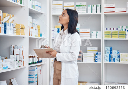 Pharmacy clipboard, product inventory and woman stock take in drugs store, pharmaceutical shop or healthcare dispensary. Hospital retail clinic, check pills shelf or medical pharmacist with checklist 130692358