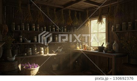 Witch herb drying shed with hanging bundles mason jars powders mortar pestle Witch herb drying shed with hanging bundles mason jars powders mortar pestle 130692376