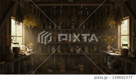 Witch herb drying shed with hanging bundles mason jars powders mortar pestle Witch herb drying shed with hanging bundles mason jars powders mortar pestle 130692377