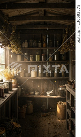 Witch herb drying shed with hanging bundles mason jars powders mortar pestle Witch herb drying shed with hanging bundles mason jars powders mortar pestle 130692378