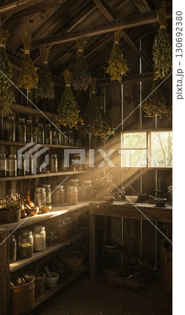 Witch herb drying shed with hanging bundles mason jars powders mortar pestle 130692380