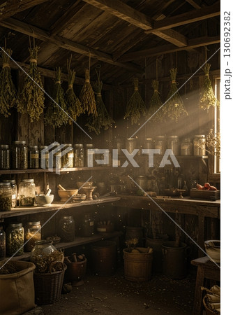 Witch herb drying shed with hanging bundles mason jars powders mortar pestle Witch herb drying shed with hanging bundles mason jars powders mortar pestle 130692382