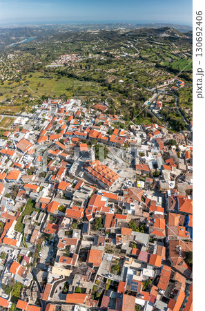 Aerial view of Pano Lefkara revealing traditional architecture and surrounding landscape in Cyprus Aerial view of Pano Lefkara revealing traditional architecture and surrounding landscape in Cyprus 130692406