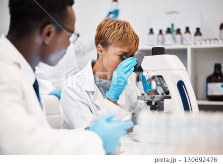 Science, research and woman with microscope in laboratory for experiment, study and medical report. Healthcare team, biotechnology and scientists check sample, virus and bacteria for vaccine analysis Science, research and woman with microscope in laboratory for experiment, study and medical report. Healthcare team, biotechnology and scientists check sample, virus and bacteria for vaccine analysis 130692476