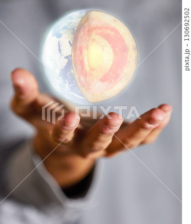 Globe hologram, earth and hands of woman with 3d digital model for global warming mockup. Science anatomy, holographic planet and futuristic illustration for geography, geology layer and world sphere 130692502