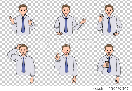 身穿 Y 恤的商人,上身,面部表情和姿勢集 身穿 Y 恤的商人,上身,面部表情和姿勢集 130692507