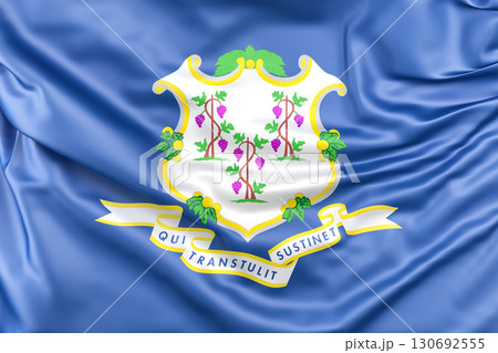 Ruffled Flag of Connecticut featuring the state coat of arms with three grapevines. 3D Rendering Ruffled Flag of Connecticut featuring the state coat of arms with three grapevines. 3D Rendering 130692555