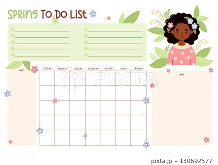 Spring Planner. Cute ethnic Girl with Flowers lily of the valley. Female Organizer for grid Month, To-Do list and Note, memo. Kids Seasonal Horizontal printable Template. Vector illustration. Not AI Spring Planner. Cute ethnic Girl with Flowers lily of the valley. Female Organizer for grid Month, To-Do list and Note, memo. Kids Seasonal Horizontal printable Template. Vector illustration. Not AI 130692577
