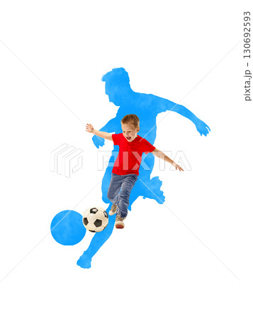 Creative collage. Little boy with soccer ball inside blue silhouette of football player 130692593