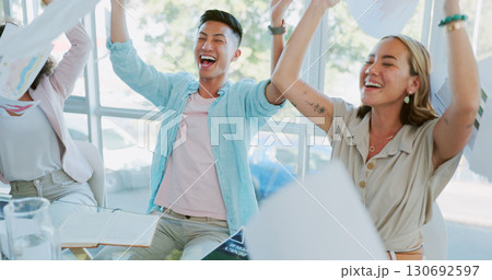 Documents, achievement and business people in a meeting, investment and profit with sales target. Teamwork, group and manager with employees, smile and winner with bonus, promotion and celebration Documents, achievement and business people in a meeting, investment and profit with sales target. Teamwork, group and manager with employees, smile and winner with bonus, promotion and celebration 130692597