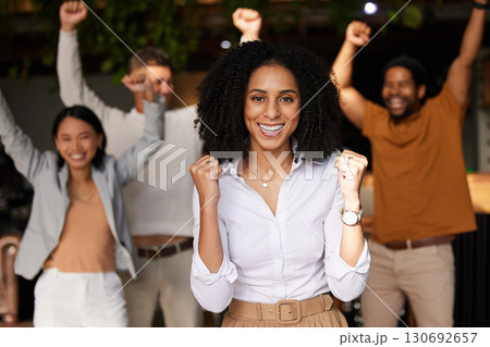Black woman, team and business celebration portrait for winning, success and achievement. Diversity men and women with leader celebrate for company growth, bonus deal or goals cheering for teamwork Black woman, team and business celebration portrait for winning, success and achievement. Diversity men and women with leader celebrate for company growth, bonus deal or goals cheering for teamwork 130692657