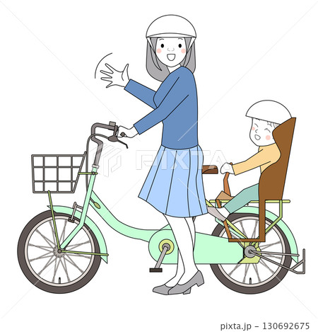 自転車で子供を保育園に送る主婦 130692675