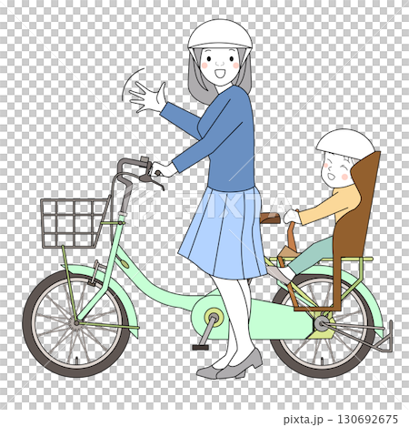 自転車で子供を保育園に送る主婦 130692675