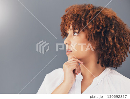 Ideas, thinking and black woman isolated on gray background scholarship, education or university decision. Contemplating, inspiration and young person, model or student with thoughtful idea in studio 130692827
