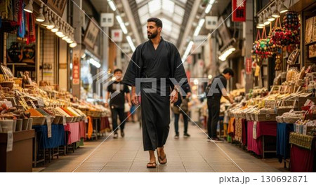 日本の商店街を着物で歩く中東系の外国人男性 日本の商店街を着物で歩く中東系の外国人男性 130692871
