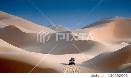 White Off Road Vehicle Driving Through Expansive Sand Dunes Under Clear Blue Sky 130692908