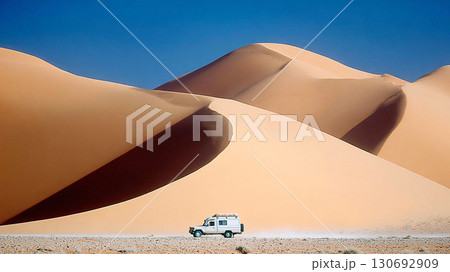 White Off Road Vehicle Driving Through Expansive Sand Dunes Under Clear Blue Sky 130692909