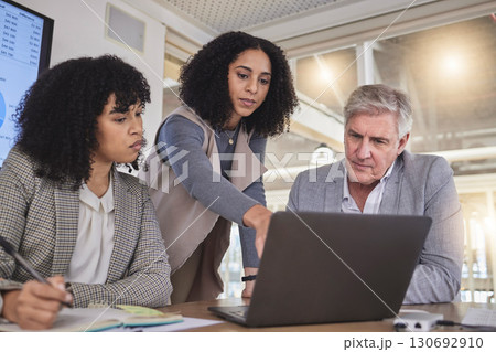 Training, business people on laptop for creative, collaboration or coaching on project review in office. Corporate, women and mentor with report, kpi and planning or teamwork idea for online proposal Training, business people on laptop for creative, collaboration or coaching on project review in office. Corporate, women and mentor with report, kpi and planning or teamwork idea for online proposal 130692910