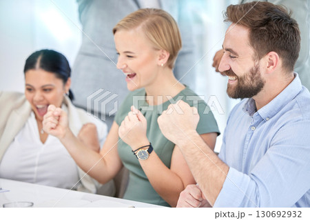 Motivation, winning and business people cheering for success, achievement and team promotion. Celebrate, happy and group of excited employees with a corporate win, project celebration and good news 130692932