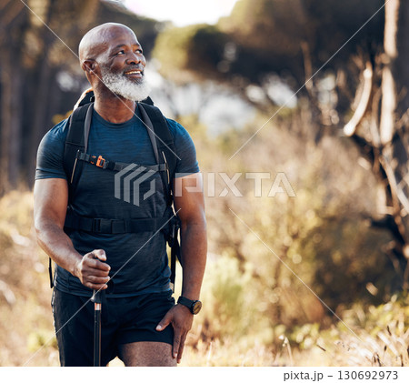 Hiking, black man and travel adventure in nature forest for trekking, fitness and cardio exercise. Senior person with backpack thinking and walking outdoor in woods for travel, health and wellness Hiking, black man and travel adventure in nature forest for trekking, fitness and cardio exercise. Senior person with backpack thinking and walking outdoor in woods for travel, health and wellness 130692973