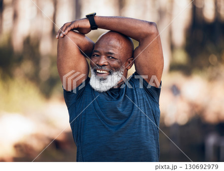 Senior man, stretching and fitness portrait outdoor in nature forest for exercise and healthy lifestyle. Black person smile for workout, training and muscle warm up for cardio health and wellness Senior man, stretching and fitness portrait outdoor in nature forest for exercise and healthy lifestyle. Black person smile for workout, training and muscle warm up for cardio health and wellness 130692979