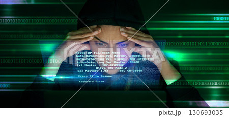 Hacker, code and stress with cyber crime, fear of getting caught and double exposure in IT, cybersecurity fail and software. Coding, programmer and glitch, person with headache and screen overlay Hacker, code and stress with cyber crime, fear of getting caught and double exposure in IT, cybersecurity fail and software. Coding, programmer and glitch, person with headache and screen overlay 130693035