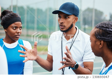 Netball, sports team or frustrated coach talk about game problem, teamwork mistake or explain competition crisis. Coaching athlete, teaching or group of people listen to fitness challenge instruction Netball, sports team or frustrated coach talk about game problem, teamwork mistake or explain competition crisis. Coaching athlete, teaching or group of people listen to fitness challenge instruction 130693047