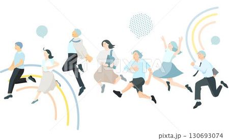 スタートアップのイメージイラストージャンプするビジネスパーソンーカジュアル服ー白バックイラスト素材 130693074