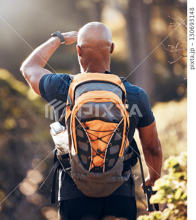 Backpacking, hiking and back of black man in forest for sports, training and workout. Relax, peace and freedom with hiker trekking in nature enjoying view for travel, adventure and environment Backpacking, hiking and back of black man in forest for sports, training and workout. Relax, peace and freedom with hiker trekking in nature enjoying view for travel, adventure and environment 130693148