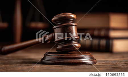 Wooden gavel resting on a polished wooden surface with law books in the background Wooden gavel resting on a polished wooden surface with law books in the background 130693233