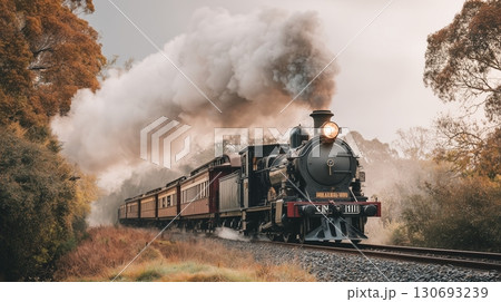Vintage steam locomotive traveling through scenic countryside with billowing smoke and autumn foliage Vintage steam locomotive traveling through scenic countryside with billowing smoke and autumn foliage 130693239