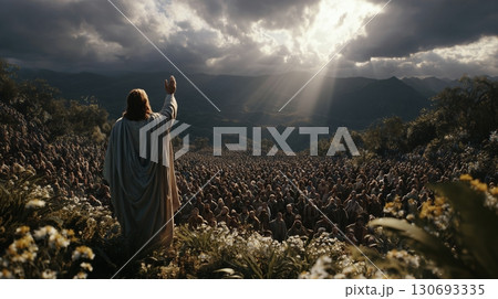 Crowd gathering as Jesus delivers a message in a serene valley under dramatic skies 130693335