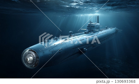 Advanced submarine navigating deep ocean waters with beams of light illuminating the scene Advanced submarine navigating deep ocean waters with beams of light illuminating the scene 130693368