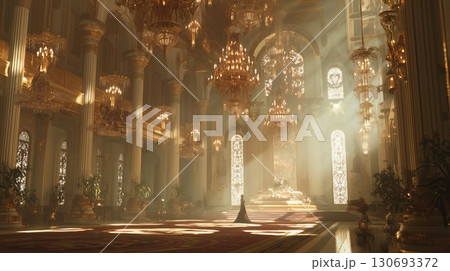 Queen Esther in the opulent palace, surrounded by grandeur and light during an important royal event 130693372