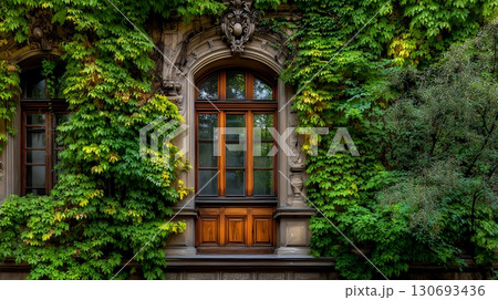 Vintage architecture with wooden window surrounded by lush green ivy and vibrant foliage 130693436