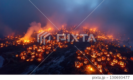 Spooky Halloween pumpkin festival with glowing jack-o'-lanterns in a misty landscape at night 130693477