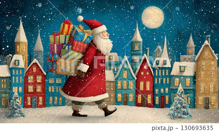 Santa Claus in a red coat carrying colorful gift boxes walks through a snowy village with charming houses 130693635