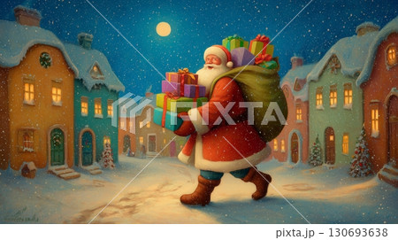 Cheerful character in red coat carrying colorful gifts through a snowy village at night, illuminated by moonlight 130693638