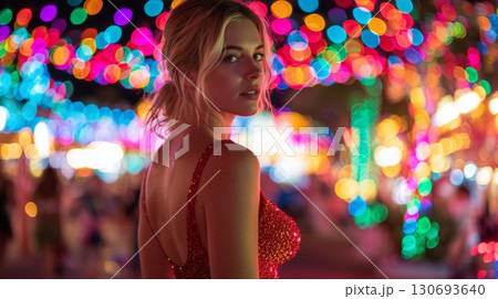 Young woman in sparkling red dress stands confidently in vibrant festival atmosphere, illuminated by colorful lights, capturing the essence of celebration and joy 130693640