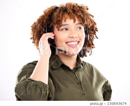 Call center, telemarketing or happy black woman in communication isolated on white background. Customer services, smile or sales agent with microphone helping at crm or technical support in studio 130693674