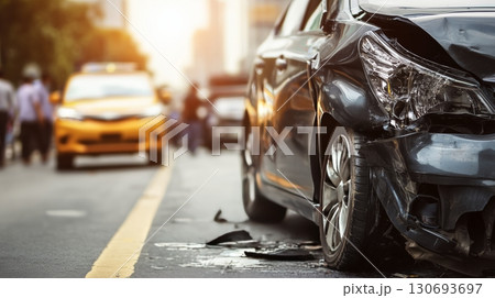 Serious car accident on busy city street during sunset, causing traffic disruptions and emergency response 130693697