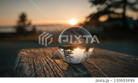 Reflective glass sphere captures sunset over serene beach, creating a magical atmosphere with trees in the background 130693699