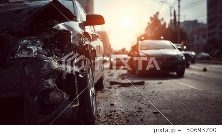 Serious car accident on urban street during sunset shows damaged vehicle and emergency response 130693700