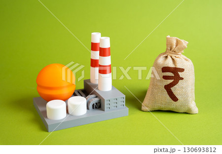 Chemical plant with rupee money bag. Symbol of Indian energy economy, fuel dependence, and oil trade. Suitable for petrochemicals, finance, and industry analysis. 130693812